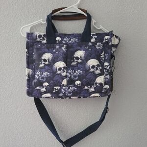 Skull Print Tote Bag with Blue Floral Design And Adjustable Shoulder Strap